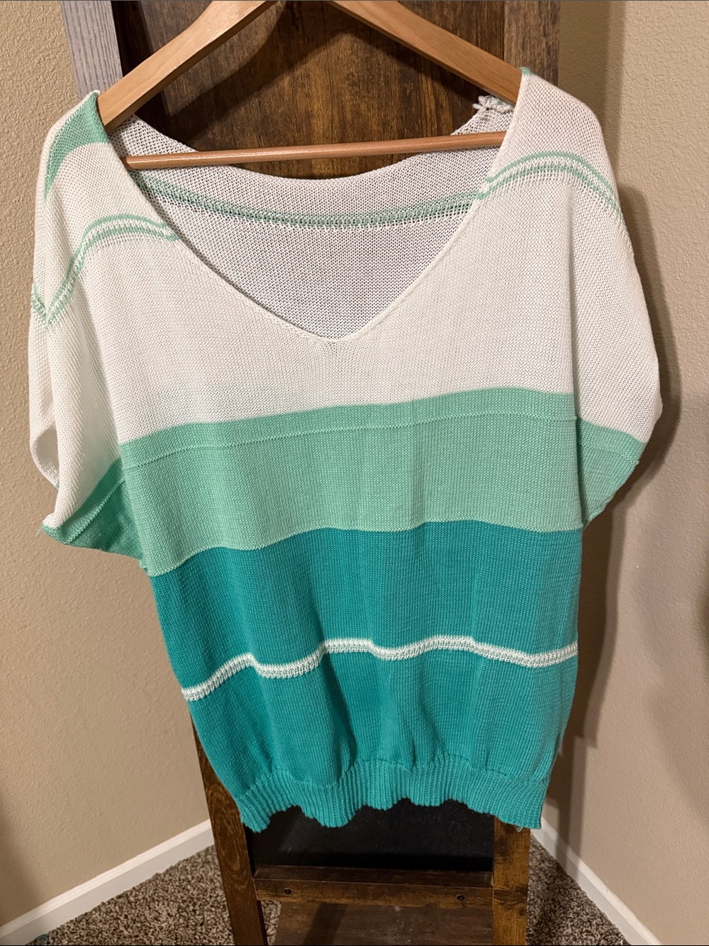 SHEIN White Mint Teal Striped Short Sleeve Knit Top
